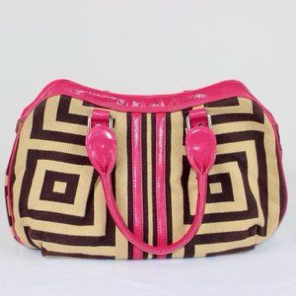 BODHI Geo Greek Key Fabric Patent Leather Satchel Bag Handbag Tote ~Tan/Pink